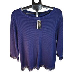 NEW Navy Blue 1X Lauren Michelle Woman's Scoop Neck Top W Fringe Accents. NWT
